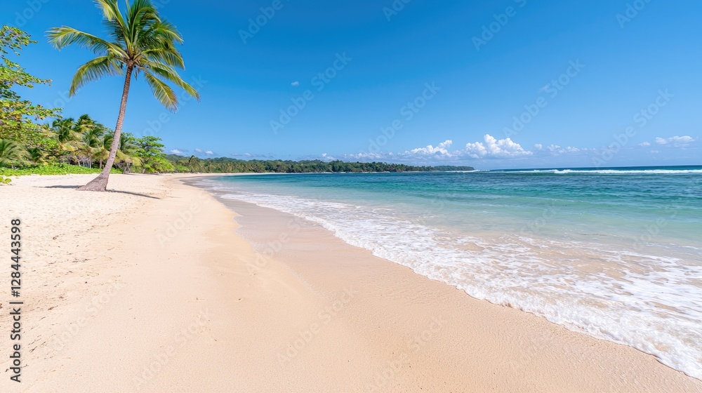 Tropical beach, palm tree, ocean waves, clear sky, vacation travel Tropical beach, palm tree, ocean waves, clear sky, vacation travel
