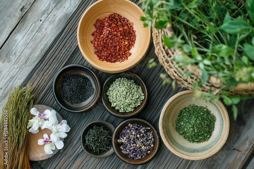 Obraz na płótnie Natural Herbal Ingredients – Aesthetic Flat Lay of Organic Healing Herbs w salonie