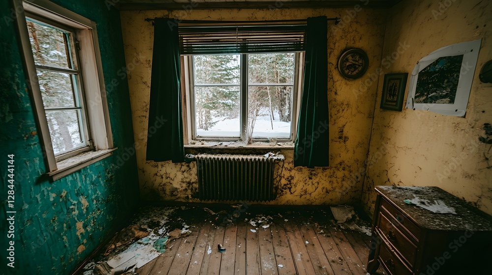 Abandoned Interior Room with Snowy View through Window Surrounded by Decay and Nature Abandoned Interior Room with Snowy View through Window Surrounded by Decay and Nature