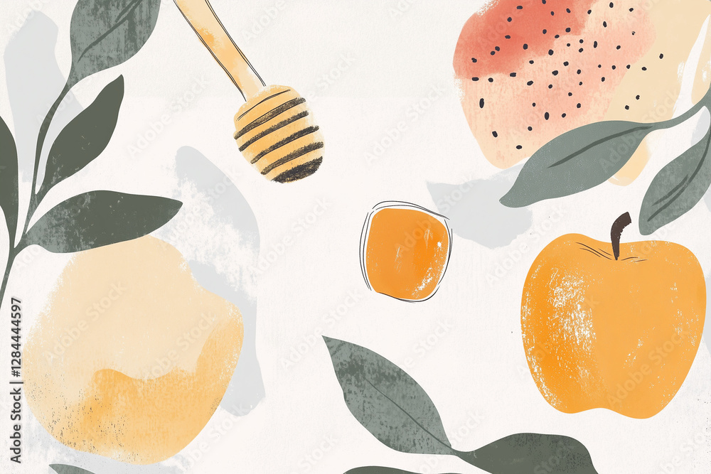 Autumn-Inspired Pattern with Apples, Honey, and Leaves