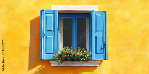 blue elegant italian window on a yellow background 