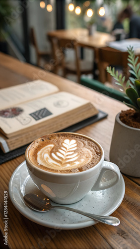 Cappuccino with Latte Art. Cup of cappuccino with latte art on a wooden table. Coffee break. relaxation. photo