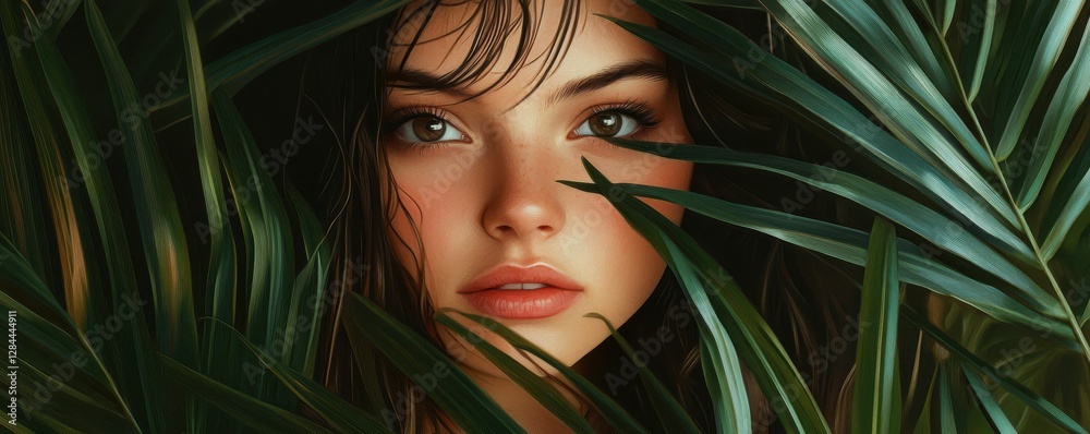 Fototapeta premium Young woman hidden among lush green leaves with intense gaze