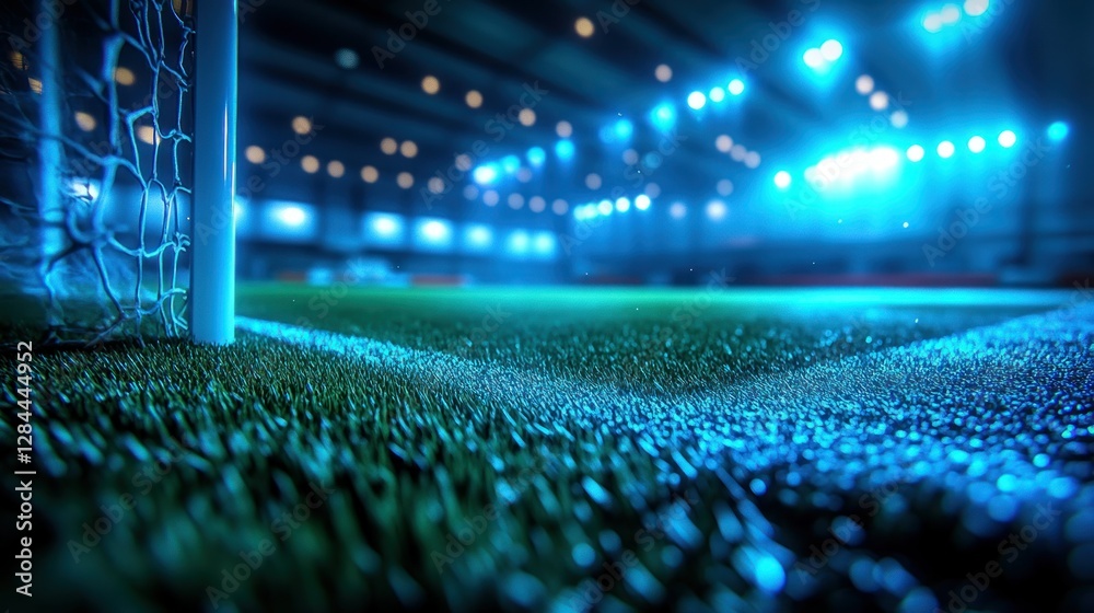 Fototapeta premium Night soccer goal close-up on wet field with stadium lights