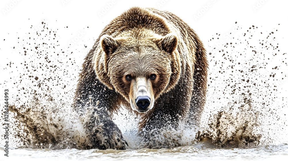 Fototapeta premium Grizzly Bear Running Through Water Creating Splashes in Natural Habitat