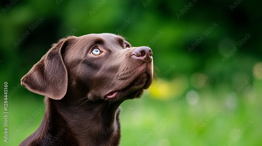 Close up portrait of a curious chocolate Labrador dog looking up in a green outdoor setting : Generative AI Close up portrait of a curious chocolate Labrador dog looking up in a green outdoor setting : Generative AI