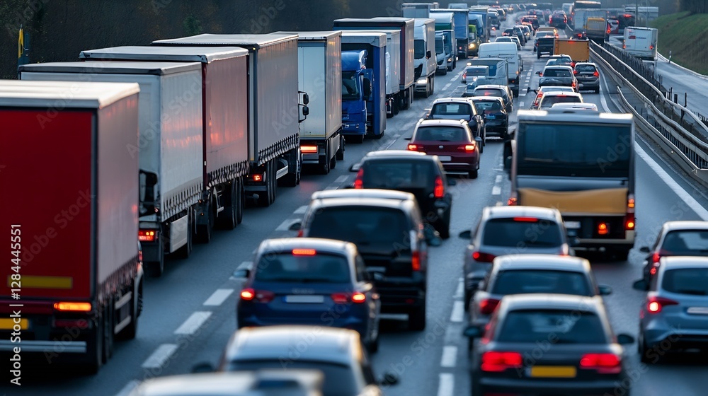 Busy highway traffic jam with numerous trucks and cars showcasing urban congestion during rush hour : Generative AI Busy highway traffic jam with numerous trucks and cars showcasing urban congestion during rush hour : Generative AI
