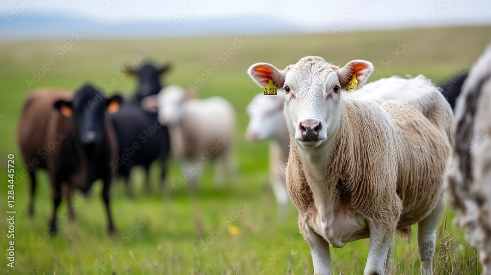Peaceful countryside view of a curious white cow amid a herd grazing in lush green pastures : Generative AI Peaceful countryside view of a curious white cow amid a herd grazing in lush green pastures : Generative AI