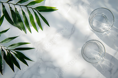 Top View of a White Marble Desk with Sunlight Caustics and Greenery – Minimalist & Elegant