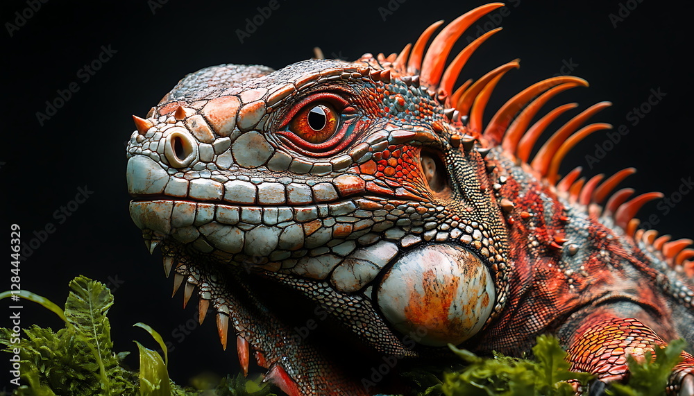 Fototapeta premium A colorful lizard with its eyes open looking, Generative AI