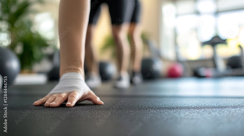 Close up of a hand pushing against the floor in a gym setting focusing on fitness and strength training : Generative AI Close up of a hand pushing against the floor in a gym setting focusing on fitness and strength training : Generative AI