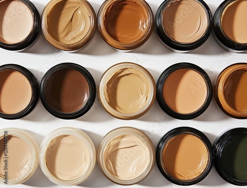 A photo of different shades and colors of creamy foundation in small jars, arranged on the right side against a white background.