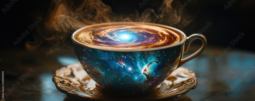 Creative cosmic coffee: a cup with galaxy and nebula swirls enveloped in mystical steam Creative cosmic coffee: a cup with galaxy and nebula swirls enveloped in mystical steam