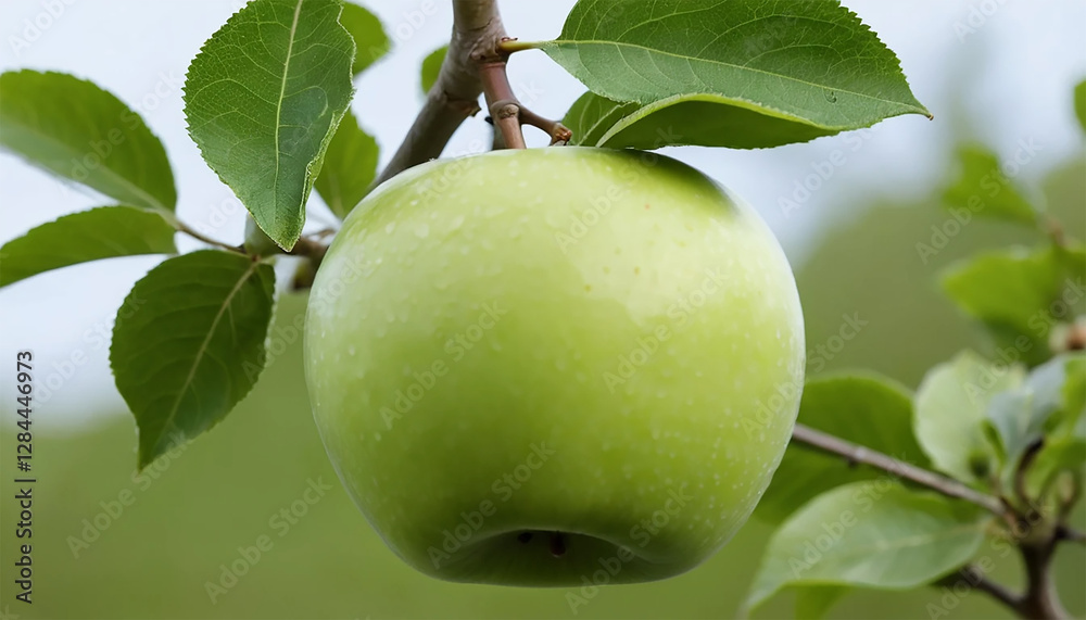 A single apple dangles from a tree branch, surrounded by lush green leaves in a serene natural setting. A single apple dangles from a tree branch, surrounded by lush green leaves in a serene natural setting.