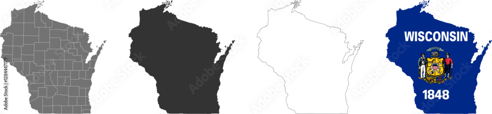 Wisconsin state of USA. Wisconsin flag and territory. States of America territory on white background. Separate states. Vector illustration Wisconsin state of USA. Wisconsin flag and territory. States of America territory on white background. Separate states. Vector illustration