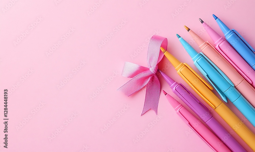 Colorful pens arranged with a ribbon on pink background, art supplies