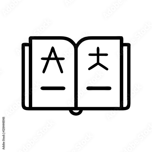 Open bilingual dictionary with symbols, language learning resource