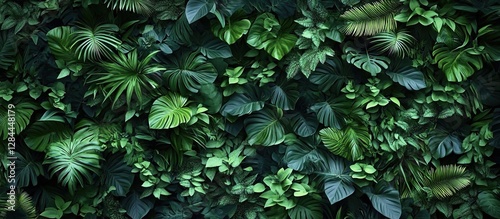  A wall of lush, green tropical leaves and plants, photorealistic, with a dark background, in a top-down view. photo