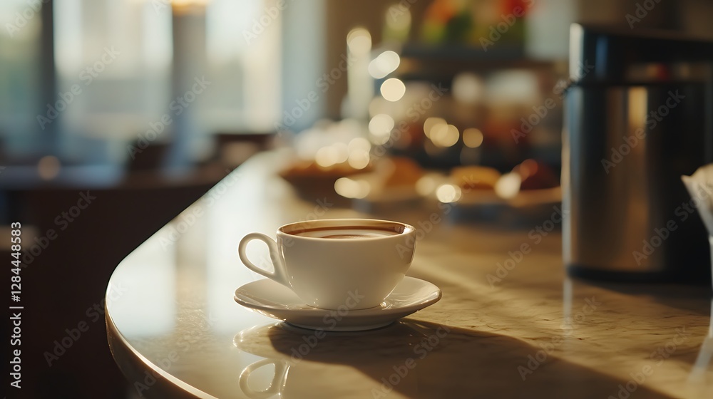 Close up of cup of coffee and buffet breakfast in the big hotel Close up of cup of coffee and buffet breakfast in the big hotel