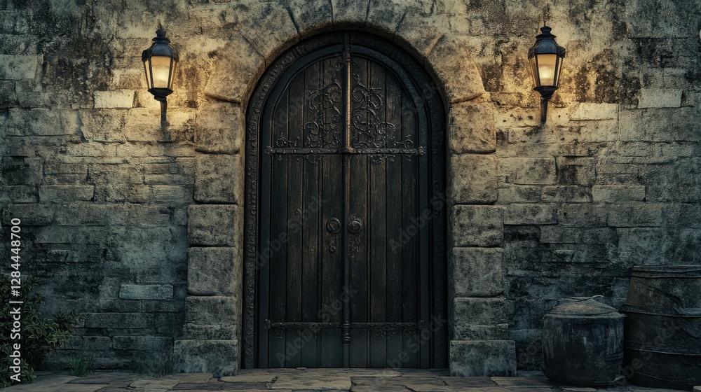 Historic wooden door with lanterns on stone wall at night Historic wooden door with lanterns on stone wall at night