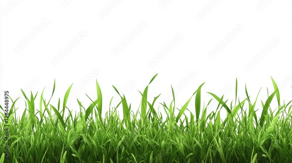 Fototapeta premium Vibrant green grass with fresh blades swaying gently in the breeze against a bright white background.