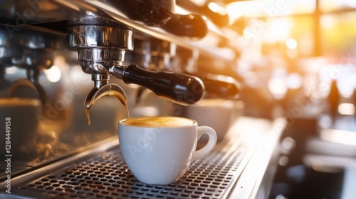 Close Up View of Espresso Pouring from Coffee Machine into White Cup in Bright Cafe Setting : Generative AI photo