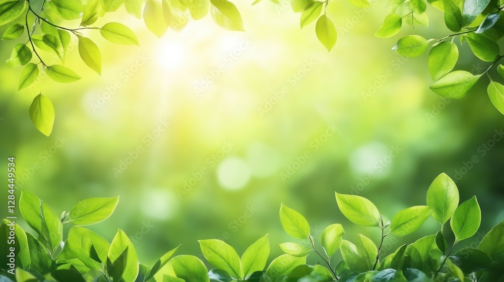 Obraz premium A vibrant frame of green leaves captures sunlight filtering through, creating a tranquil and serene atmosphere.