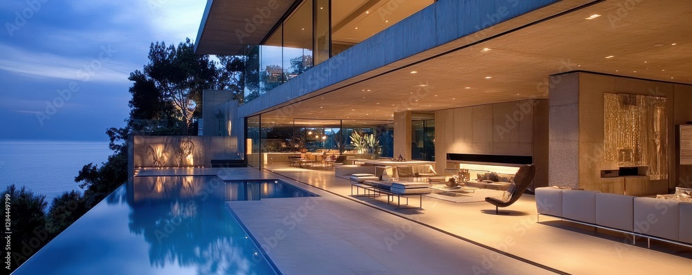 Fototapeta premium Modern luxury beachfront villa at dusk with infinity pool and glass walls overlooking ocean