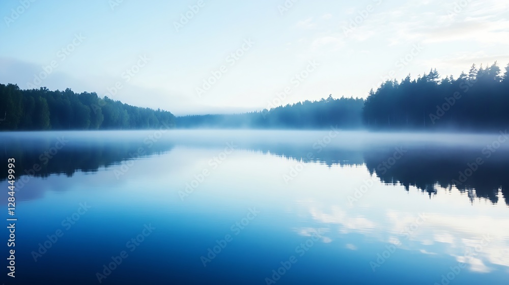 Fototapeta premium Serene misty lake surrounded by lush green forests reflecting the calm sky in a tranquil setting : Generative AI