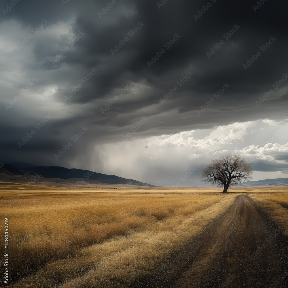 Obraz premium A breathtaking view showcases a solitary tree standing in a golden field, with dark clouds looming overhead. The winding dirt road leads into the distance, inviting exploration at dusk