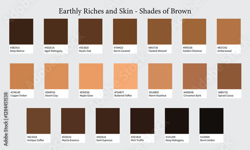 Color Palettes 20 Shades of Brown and Skin - Wood, Soil, Chocolate, Vintage, Earthy Colors - with HEX Codes and Names, Colour Swatches and Combinations