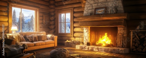 Cozy winter cabin interior with fireplace and rustic wooden decor in snowy forest setting