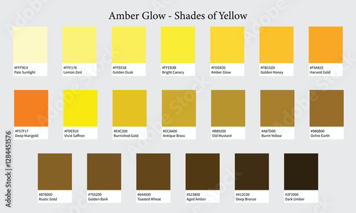 Color Palettes 20 Shades of Yellow - Bright, Warm, Gold, Cheerful Colors - with HEX Codes and Names, Colour Swatches and Combinations