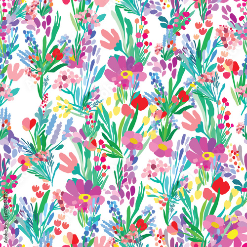 Seamless pattern of colorful flowers and leaves on a white background. Floral textile print design. Vector wildflowers