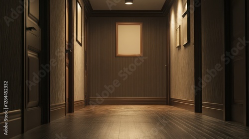 Dimly lit wooden hallway with frames on walls and warm lighting