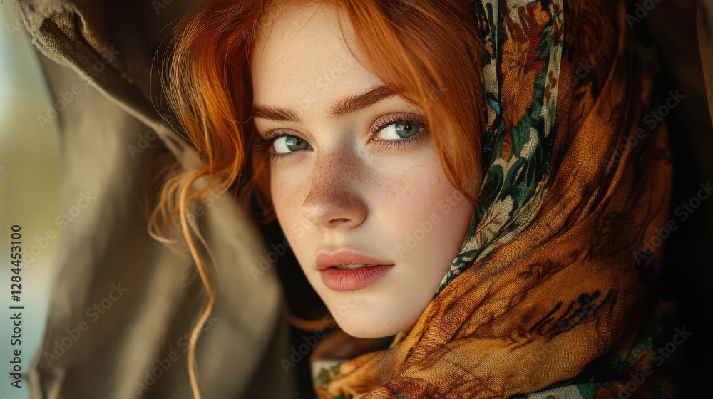 Young caucasian female with red hair and freckles in artistic scarf portrait Young caucasian female with red hair and freckles in artistic scarf portrait
