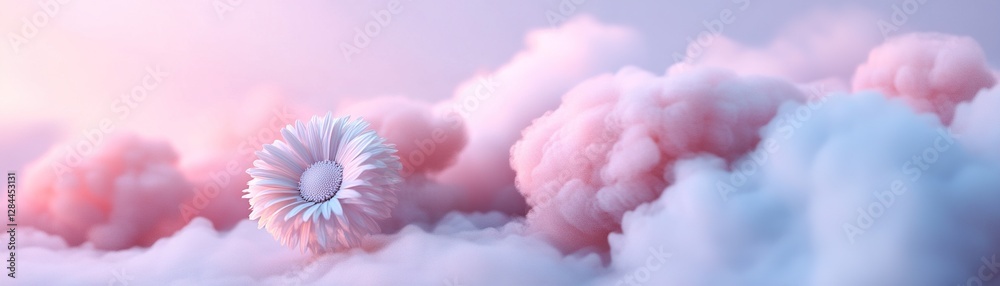 Daisies appear to float weightlessly in a pastel-colored sky, surrounded by soft clouds that create a dreamy atmosphere. The light effects add to the surreal and elegant quality Daisies appear to float weightlessly in a pastel-colored sky, surrounded by soft clouds that create a dreamy atmosphere. The light effects add to the surreal and elegant quality