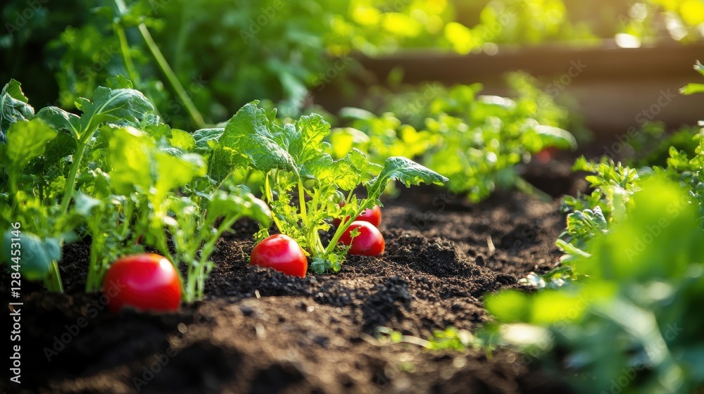 Fresh red tomatoes nestled in rich soil, surrounded by vibrant green leaves in a sunny garden. Fresh red tomatoes nestled in rich soil, surrounded by vibrant green leaves in a sunny garden.