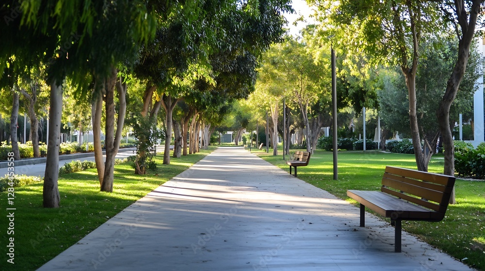 Fototapeta premium Peaceful park pathway lined with trees and benches creating a serene outdoor atmosphere for relaxation : Generative AI