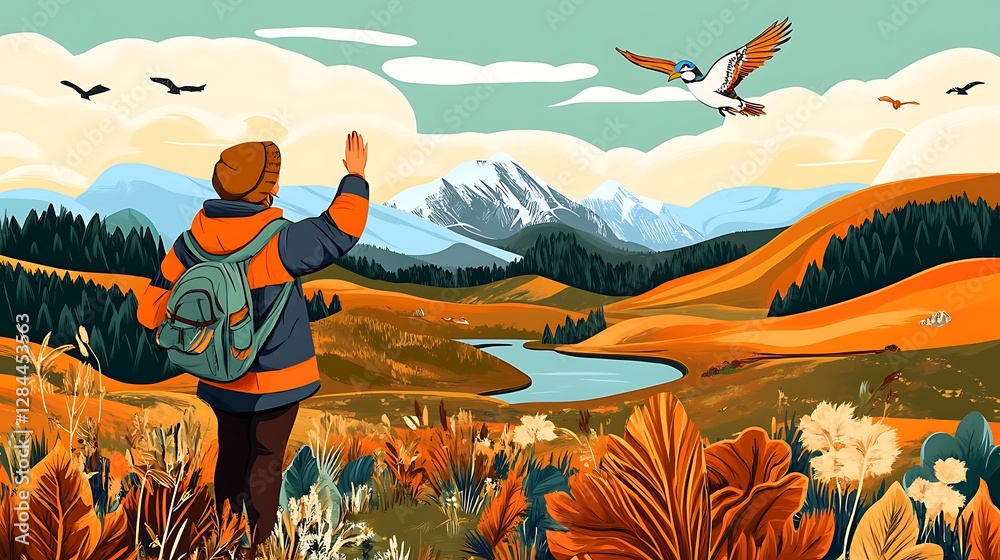 Obraz premium Autumn Hike: Digital Illustration of a Person Greeting a Bird Over a Mountain Lake AI Generated