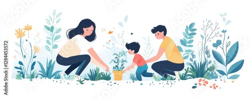 Family planting together: mother, father, and child gardening in lush greenery