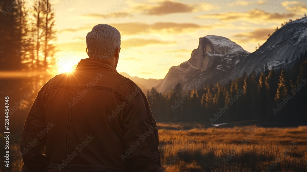 Sunrise Landscape with Man Silhouette Overlook City Sunrise Landscape with Man Silhouette Overlook City