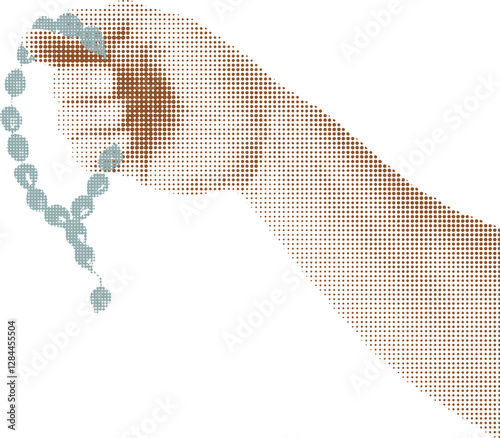 A halftone styled hand in sepia tones holds prayer beads, symbolizing spirituality, meditation, faith, devotion, mindfulness, and sacred reflection. Vector illustration