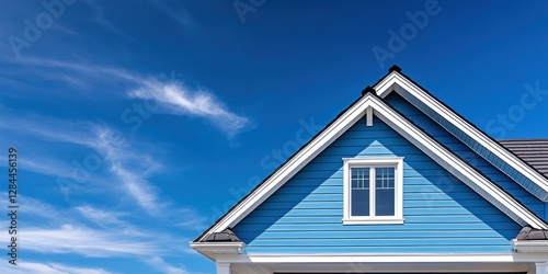 A blue house with a blue roof and a blue window. The sky is blue and clear. The house is well-maintained and has a clean appearance