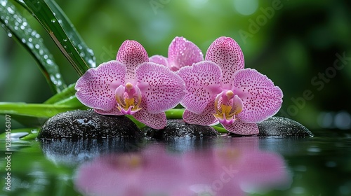 Pink orchids on stones in water; lush green background; zen, tranquility photo