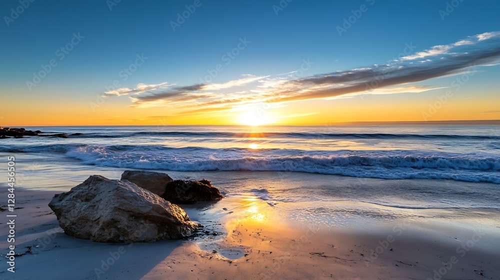 Naklejka premium Beautiful beach landscape with golden sands and vibrant sunset reflecting on gentle ocean waves : Generative AI