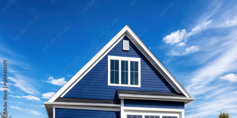Medium blue vinyl siding with a minimalist decorative gable roof and white cornice, set against a stunning light blue sky, bringing a modern coastal aesthetic to life. Medium blue vinyl siding with a minimalist decorative gable roof and white cornice, set against a stunning light blue sky, bringing a modern coastal aesthetic to life.
