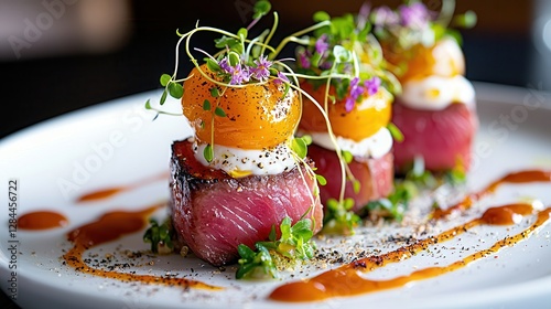 Farm-to-table cuisine ensures fresh quality. Gourmet dish with beef, vegetables, and colorful toppings on a white plate.