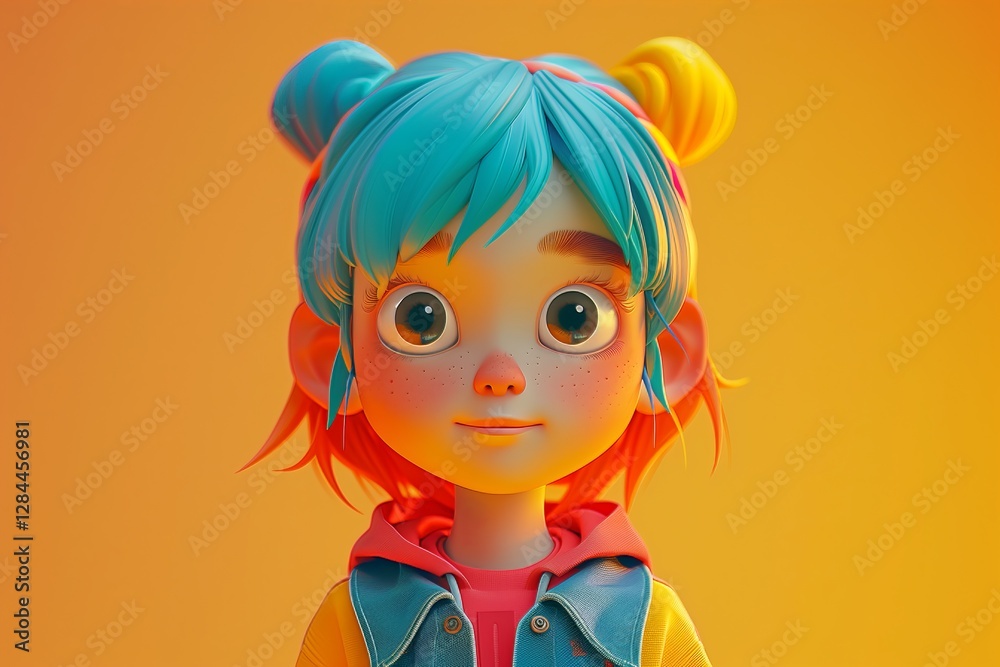 A colorful animated character with vibrant hair and joyful expression.