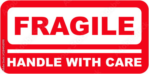Fragile, red and white curved label with text handle with care printed on, indicating items need special treatment when handled.